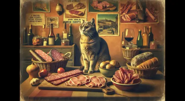 Kot siedzi przy stole pełnym wędlin, parówek, pieczywa i warzyw.